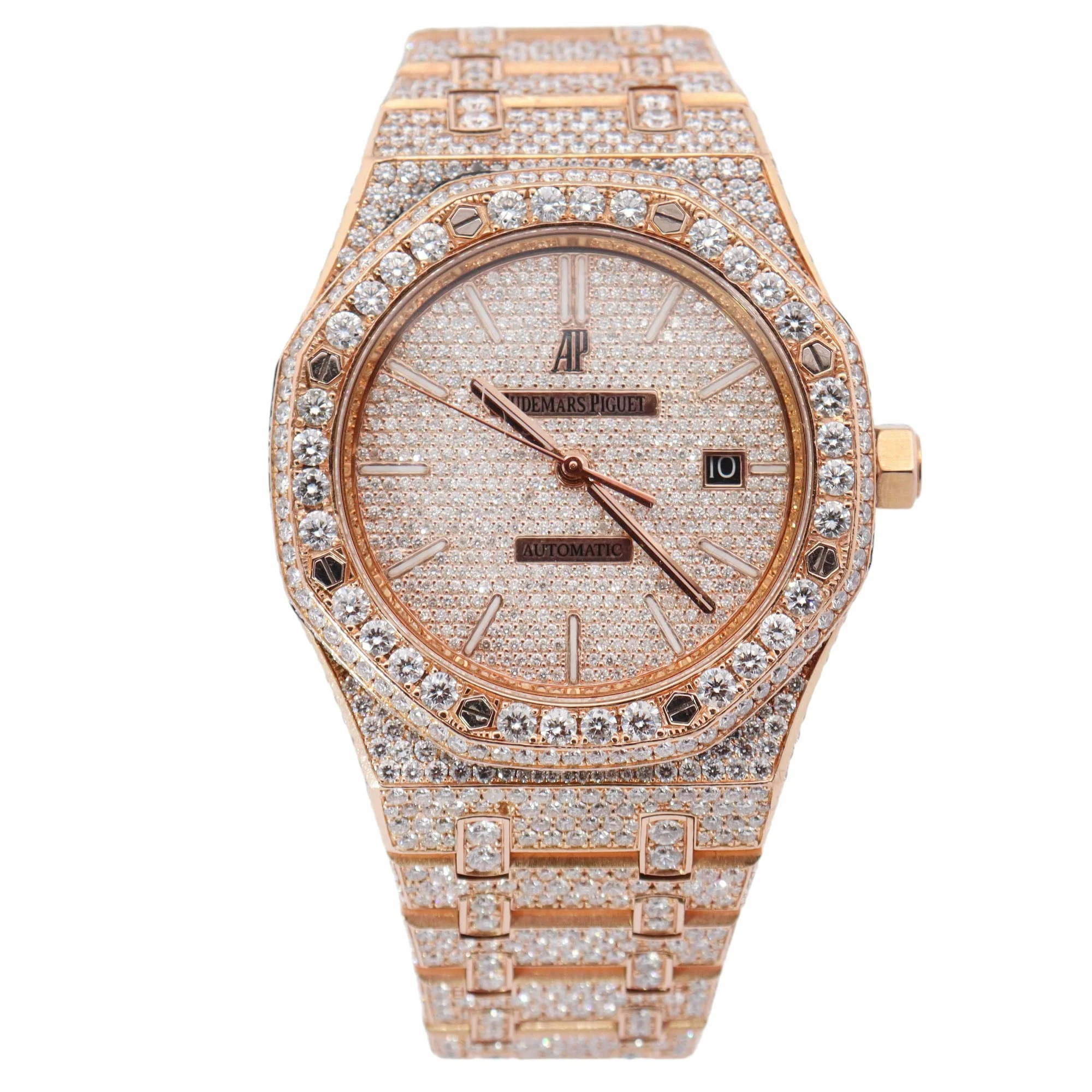 Audemars Piguet Royal Oak Iced Out Rose Gold 41mm Custom Pave Stick Dial Watch Reference# 15400OR