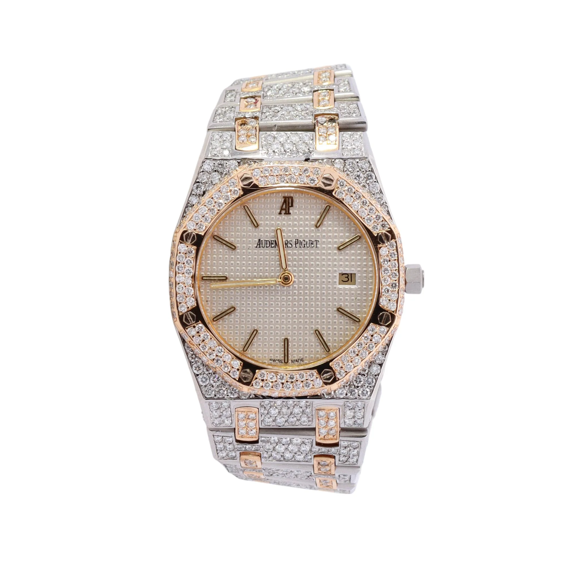 Audemars Piguet Royal Oak Two Tone 33mm Custom Iced Out White Stick Dial Watch Ref# 563036SA