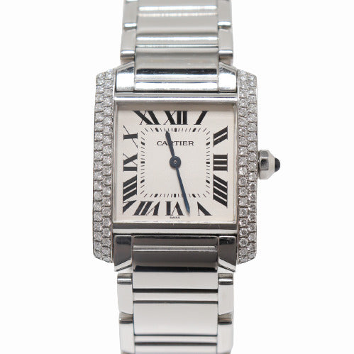 Cartier Ladies Tank Francaise Stainless Steel 20mm White Roman Dial Watch Reference# W51008Q3