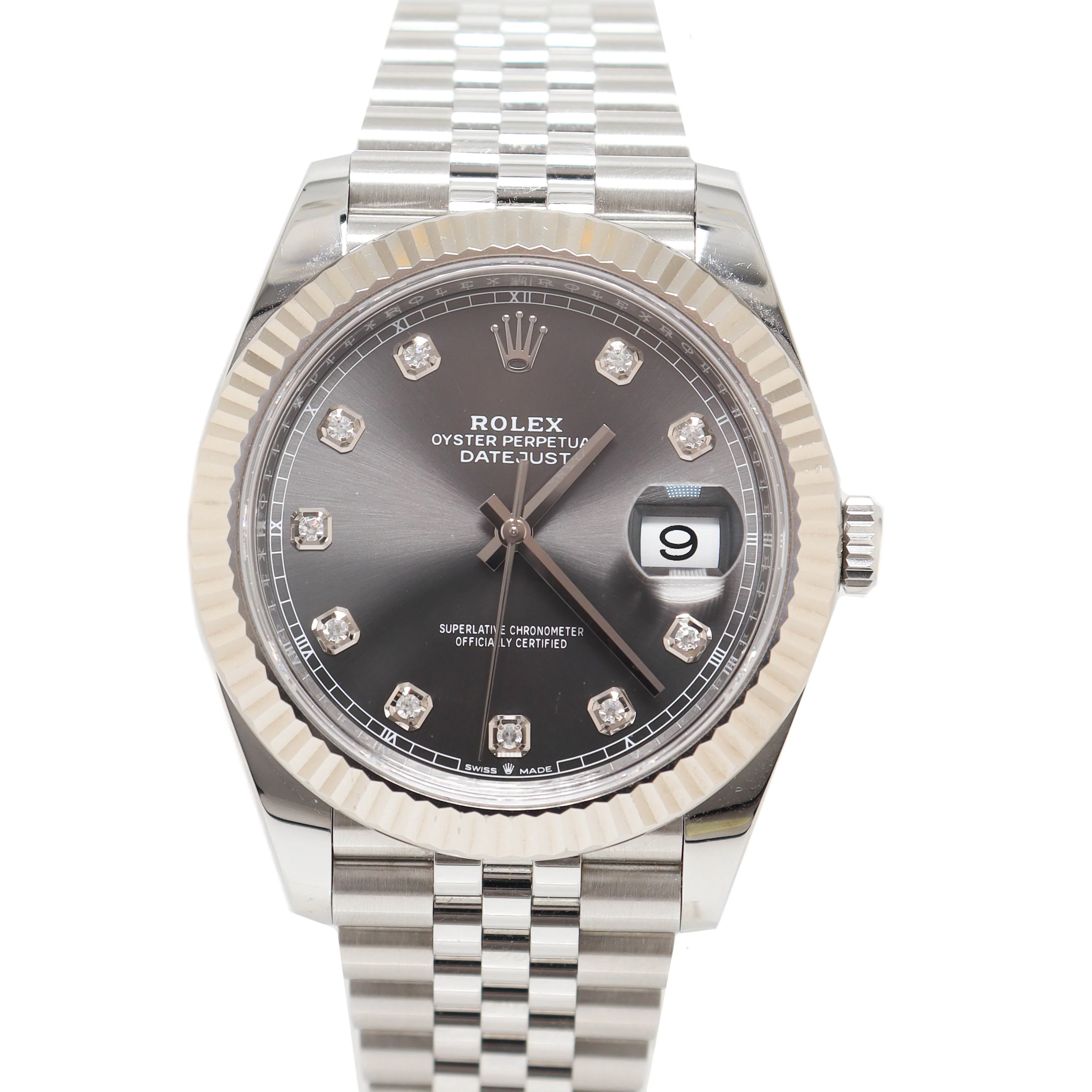 Rolex Mens Datejust Stainless Steel 41mm Rhodium Diamond Dial Watch Reference# 126334