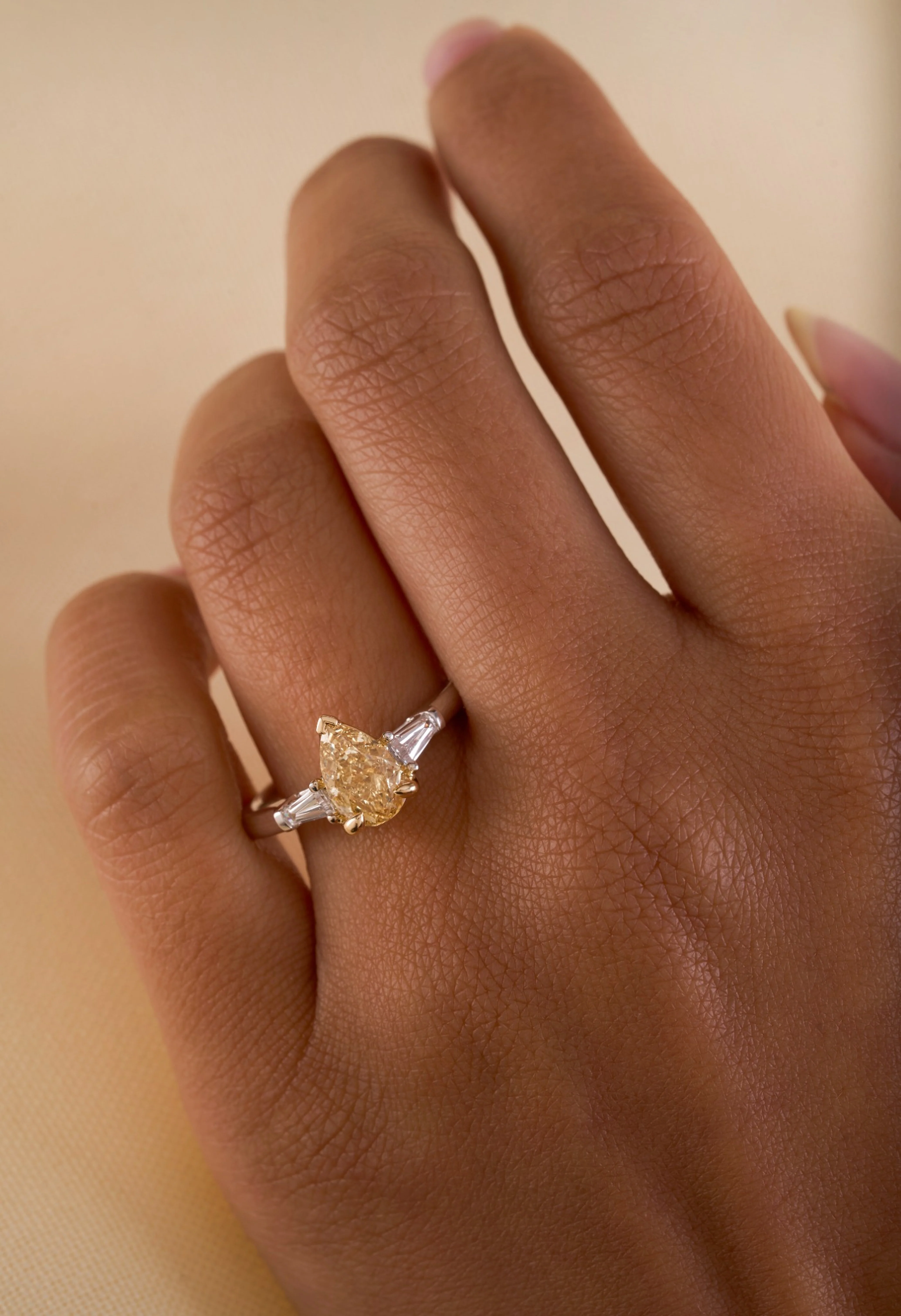 Labgrown Pear Center with Baguette Side Stones Engagement Ring