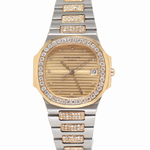 Patek Philippe Ladies Nautilus Two Tone Yellow Gold and Stainless Steel 33mm Champagne Diamond Dial Watch