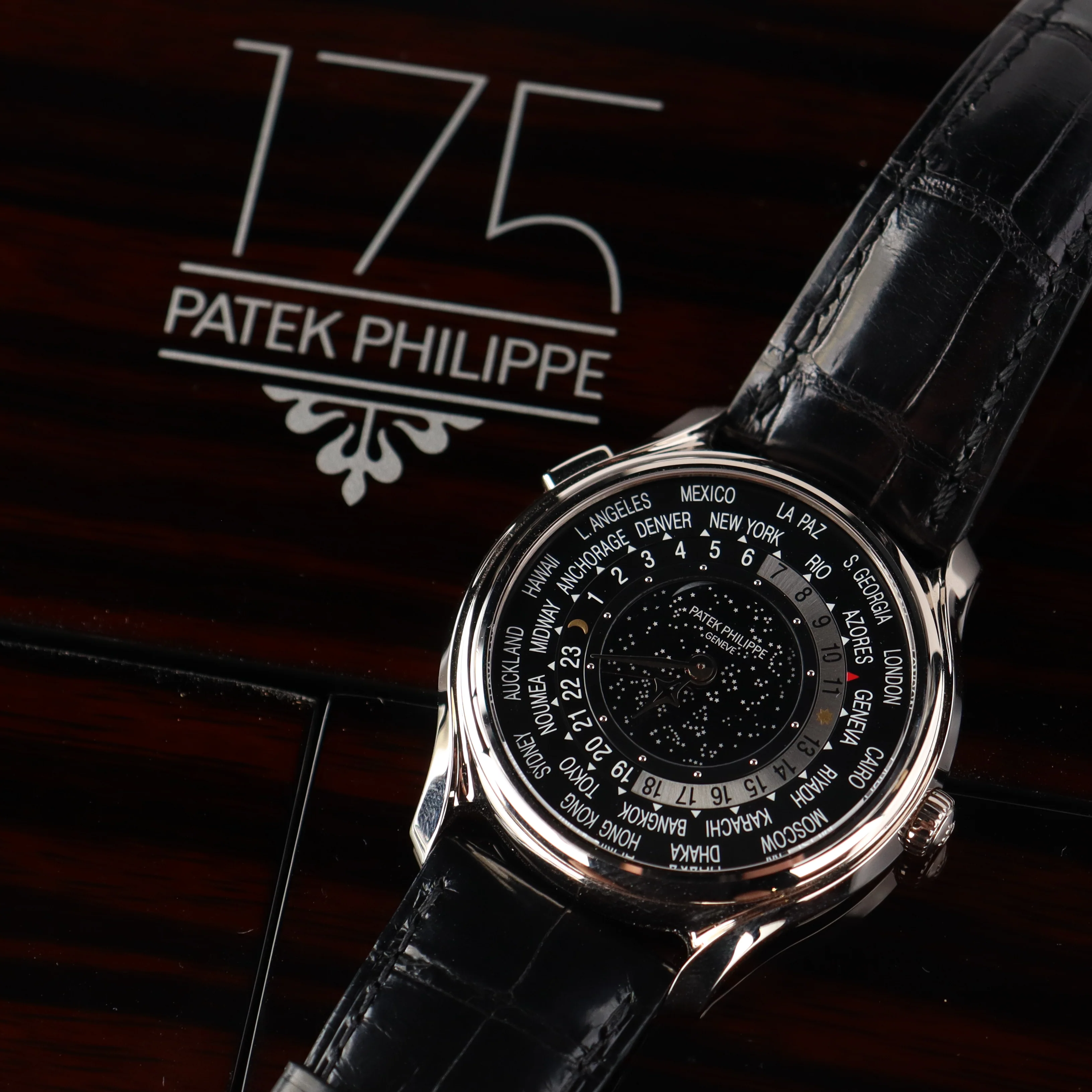 Patek Philippe World Time 40mm Black Dial Watch Ref# 5575G-001