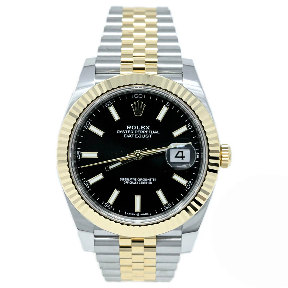 Rolex Datejust 41mm Two Tone Yellow Gold and Stainless Steel Black Stick Dial Watch