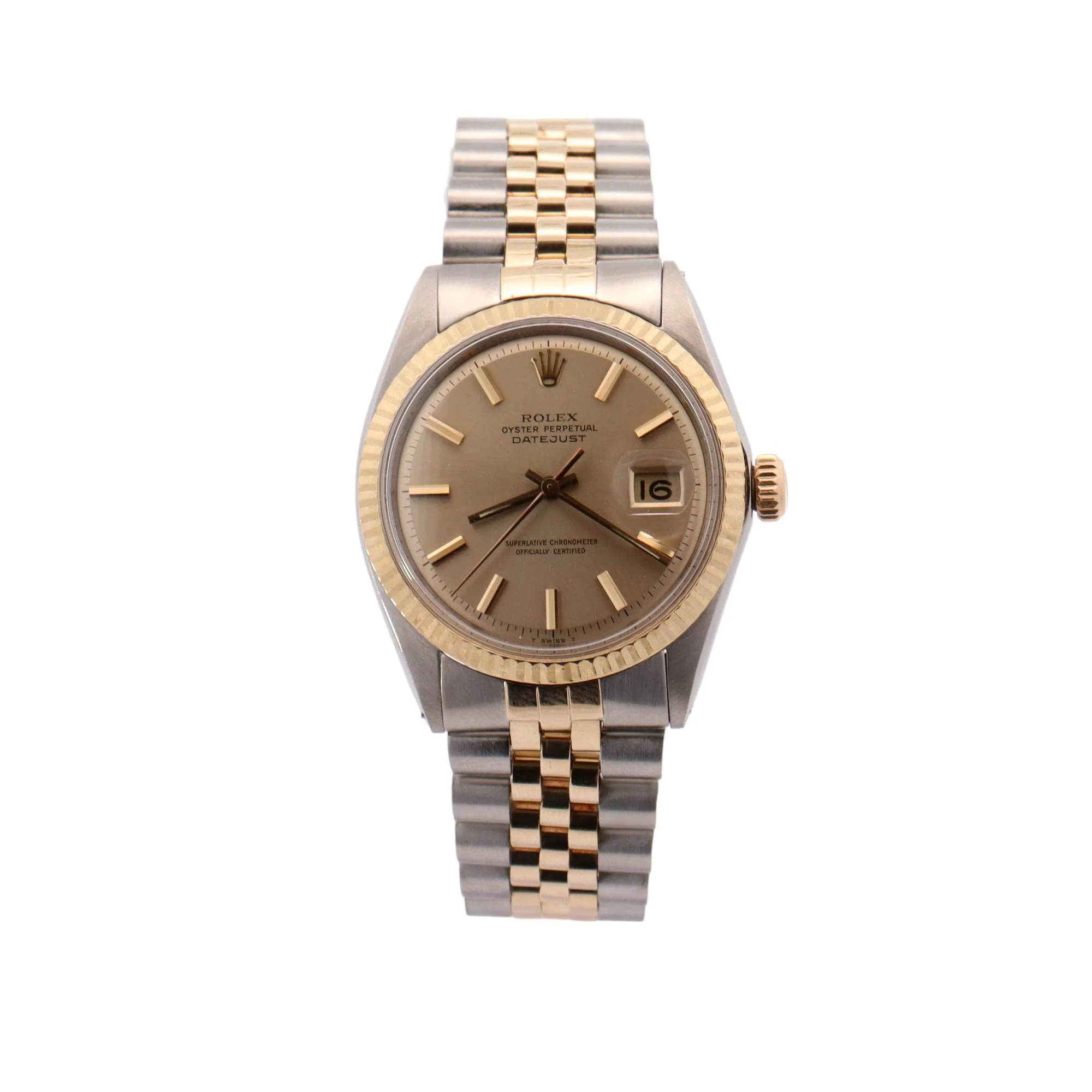 Rolex Datejust Two-Tone Stainless Steel & Yellow Gold 36mm Champagne Stick Dial Watch Ref# 1603