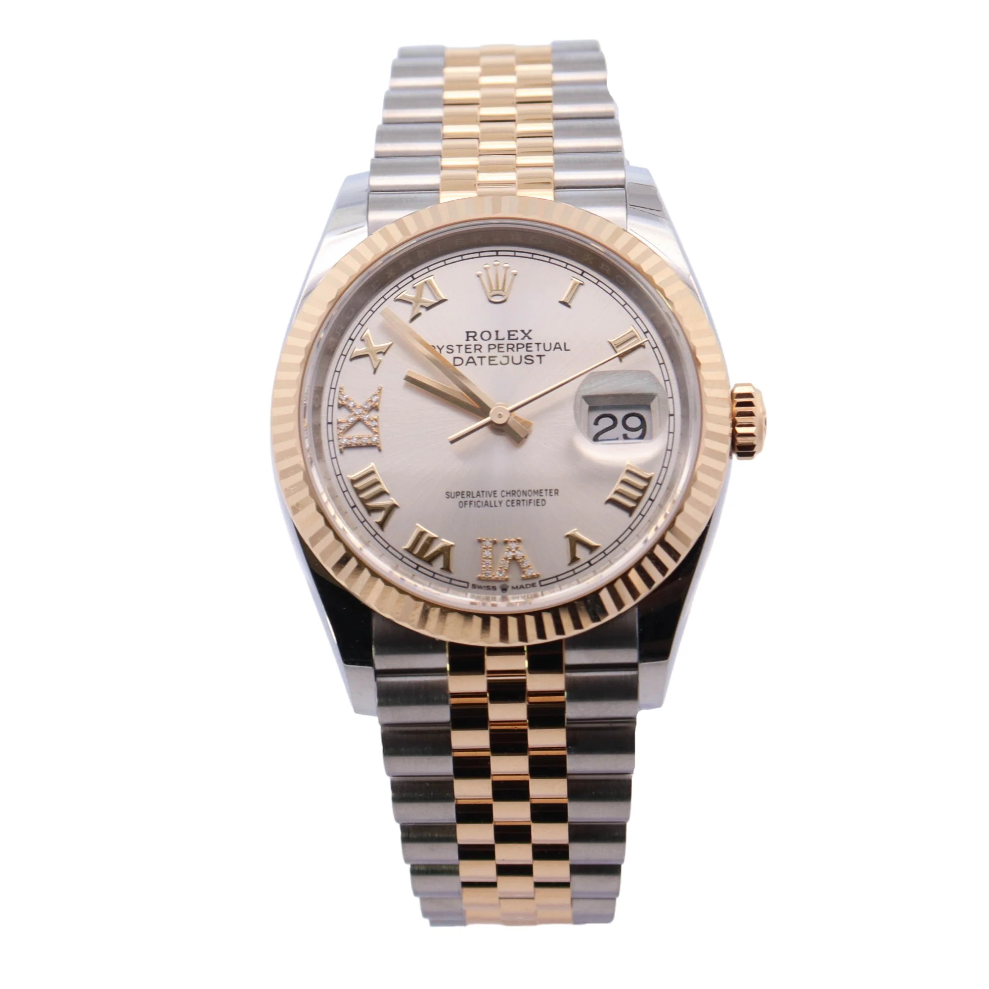 Rolex Datejust Two-Tone Stainless Steel & Yellow Gold 36mm Silver Roman Dial Watch Ref# 126233