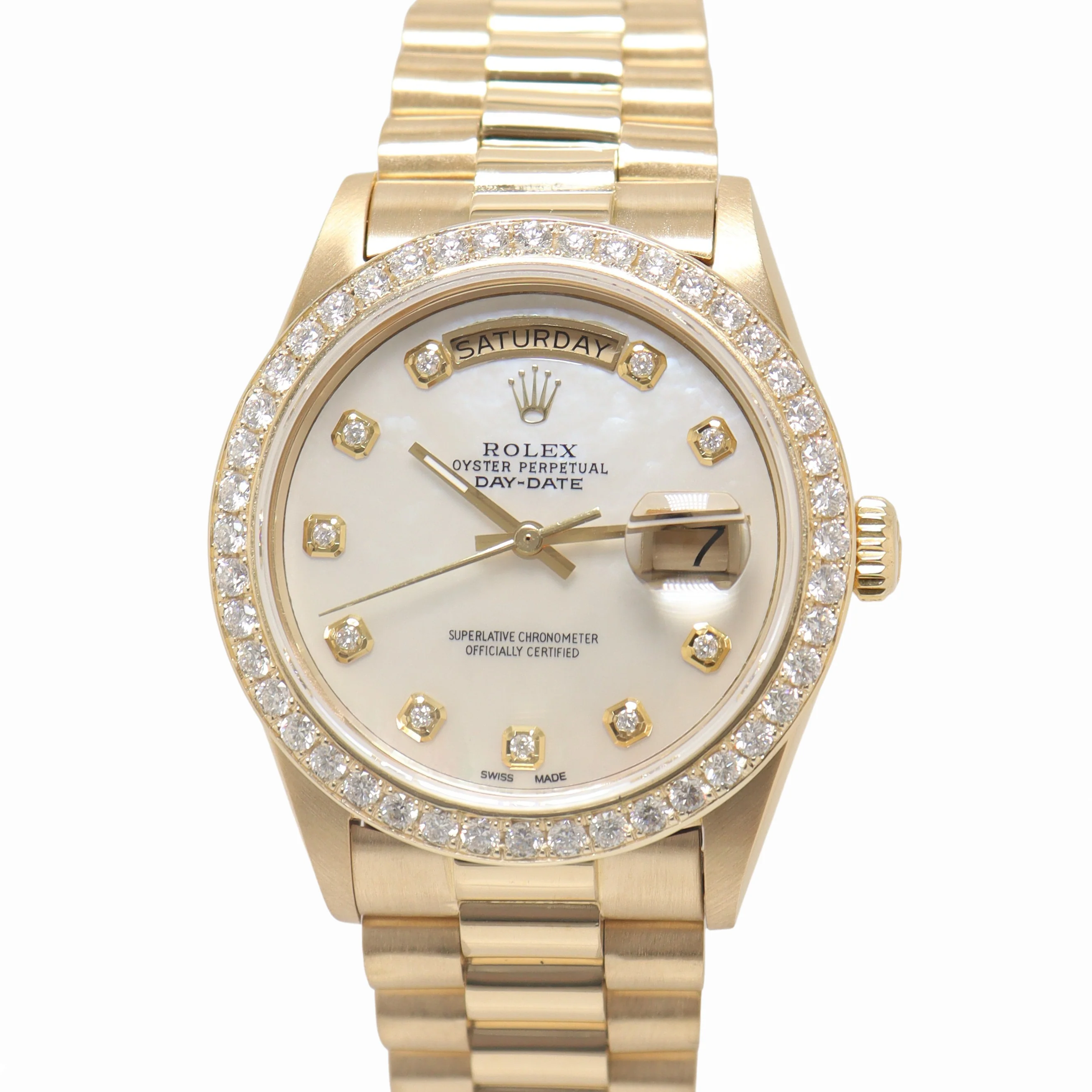 Rolex Day Date 36mm Yellow Gold White Custom White MOP Diamond Dial Watch Reference# 18038