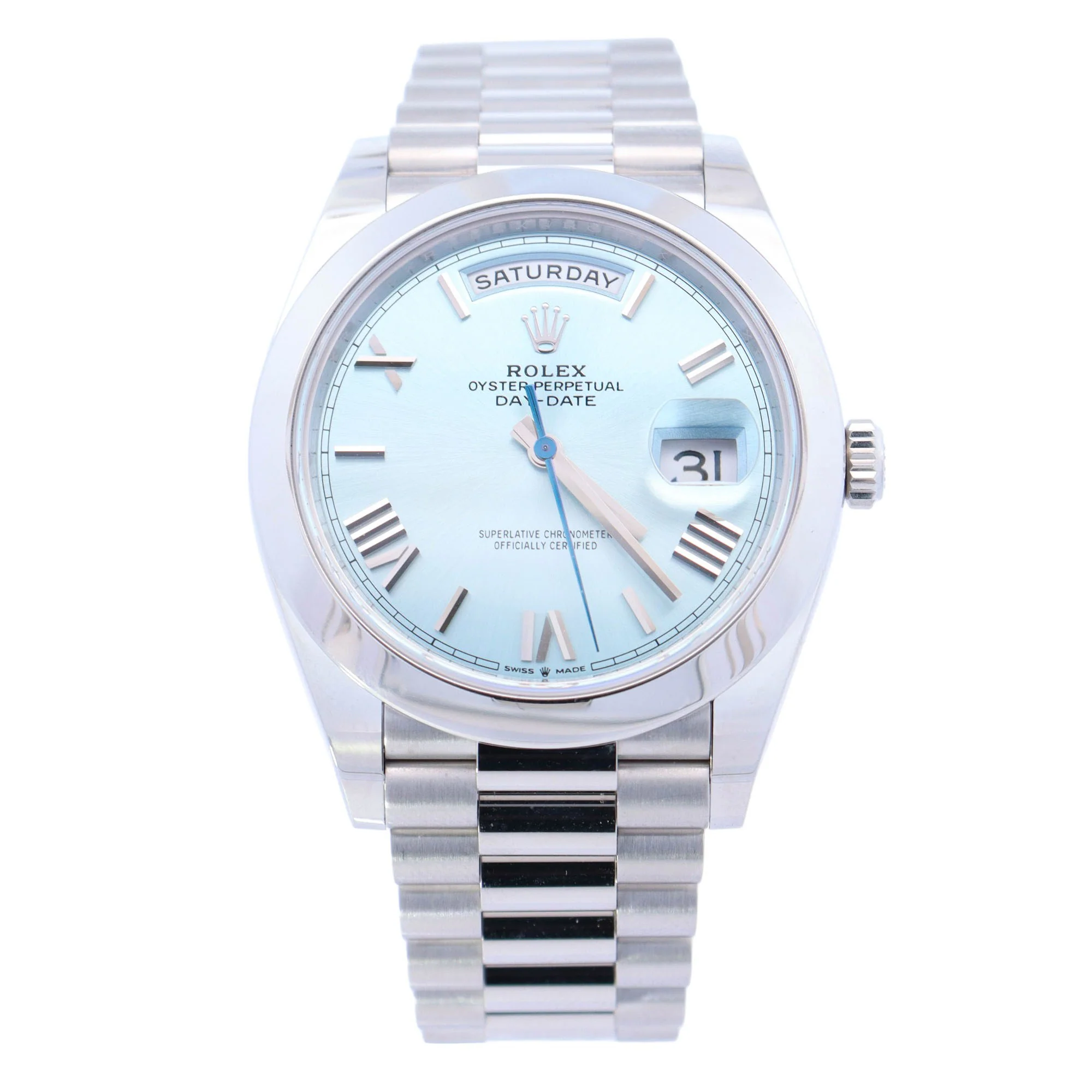 Rolex Day-Date Platinum 40mm Blue Roman Dial Watch Reference# 228206