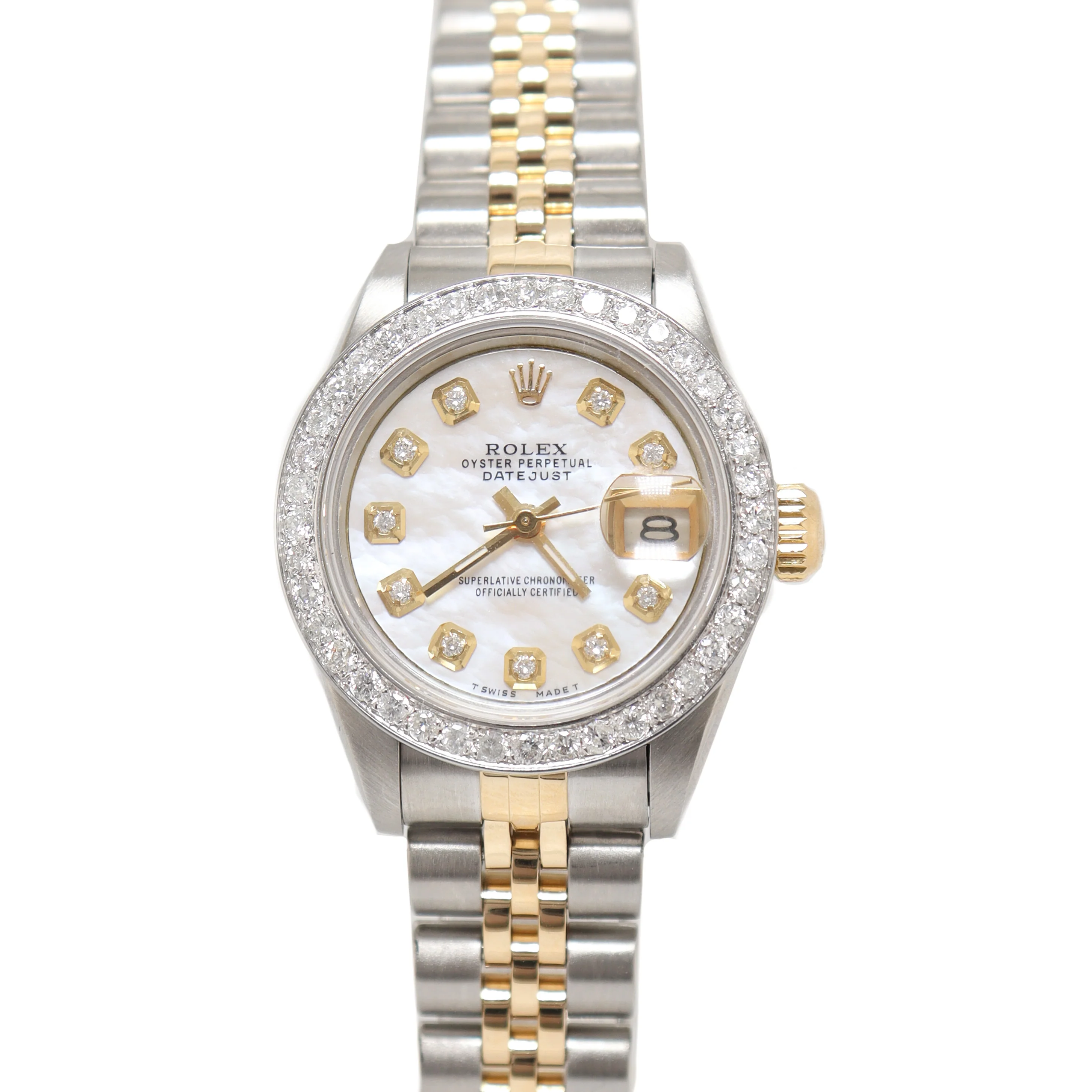 Rolex Ladies Datejust Yellow Gold & Stainless Steel 26mm Custom White MOP Diamond Dial Watch Reference# 179163