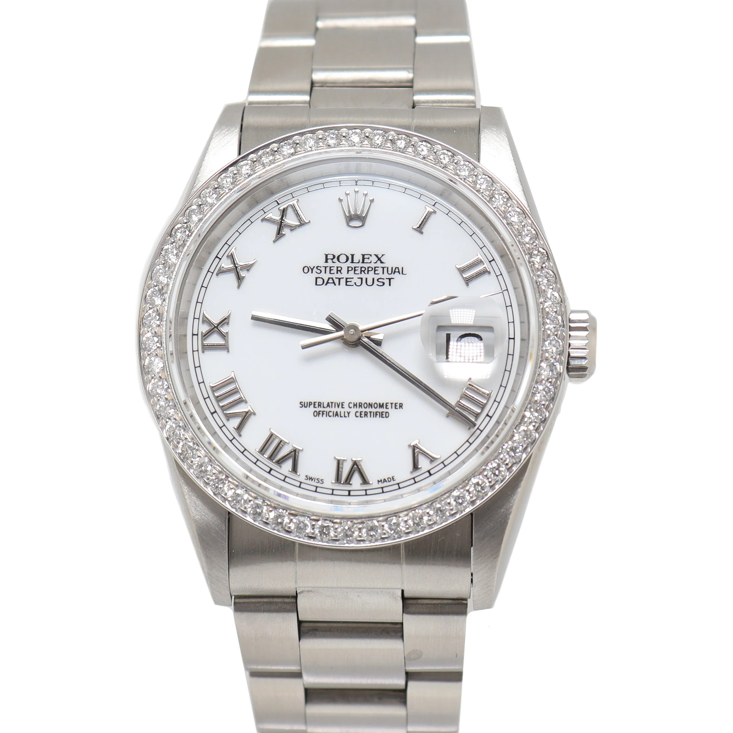 Rolex Mens Datejust Stainless Steel 36mm White Roman Dial Watch Reference# 16200