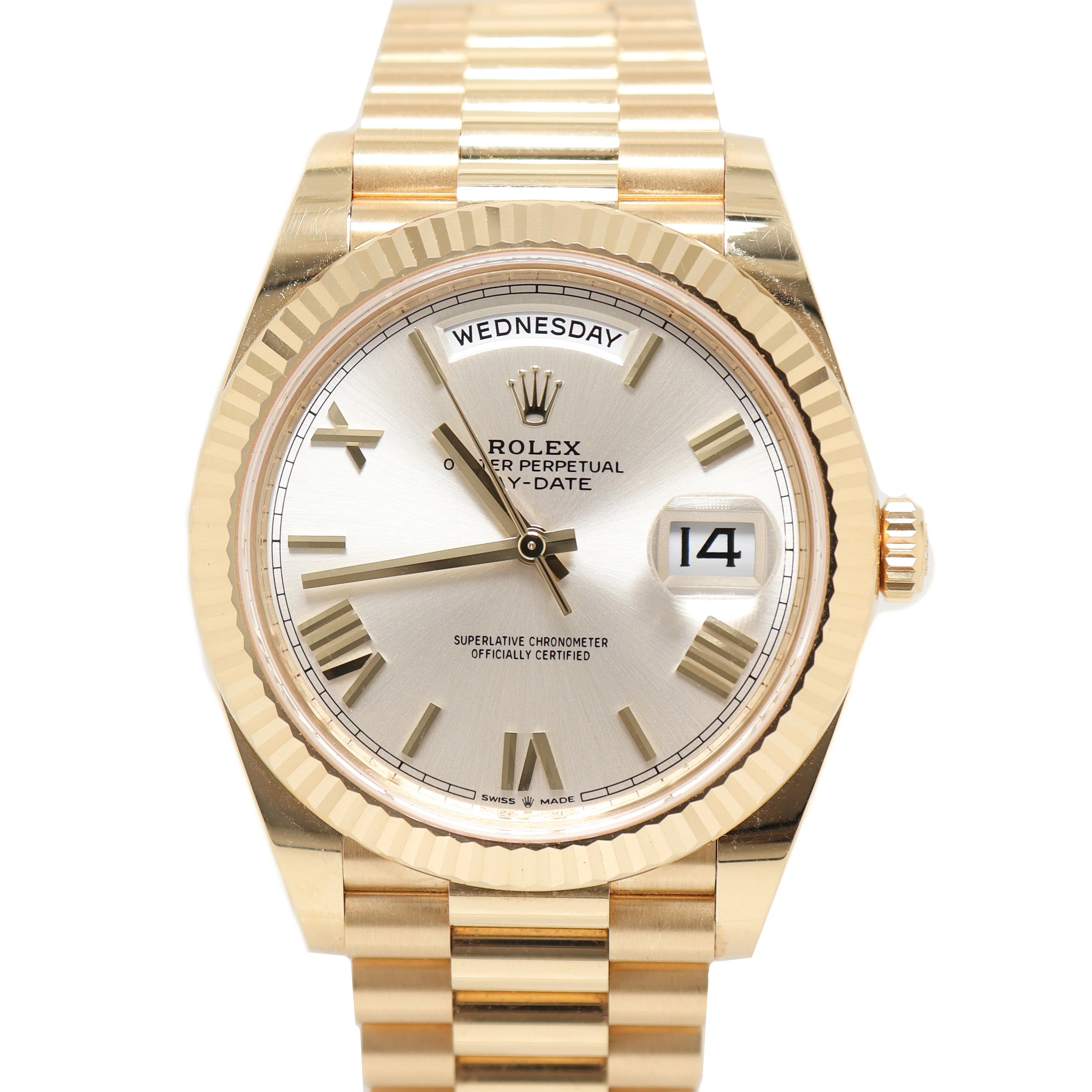 Rolex Men's Day Date Yellow Gold 40mm Silver Roman Dial Watch Reference#