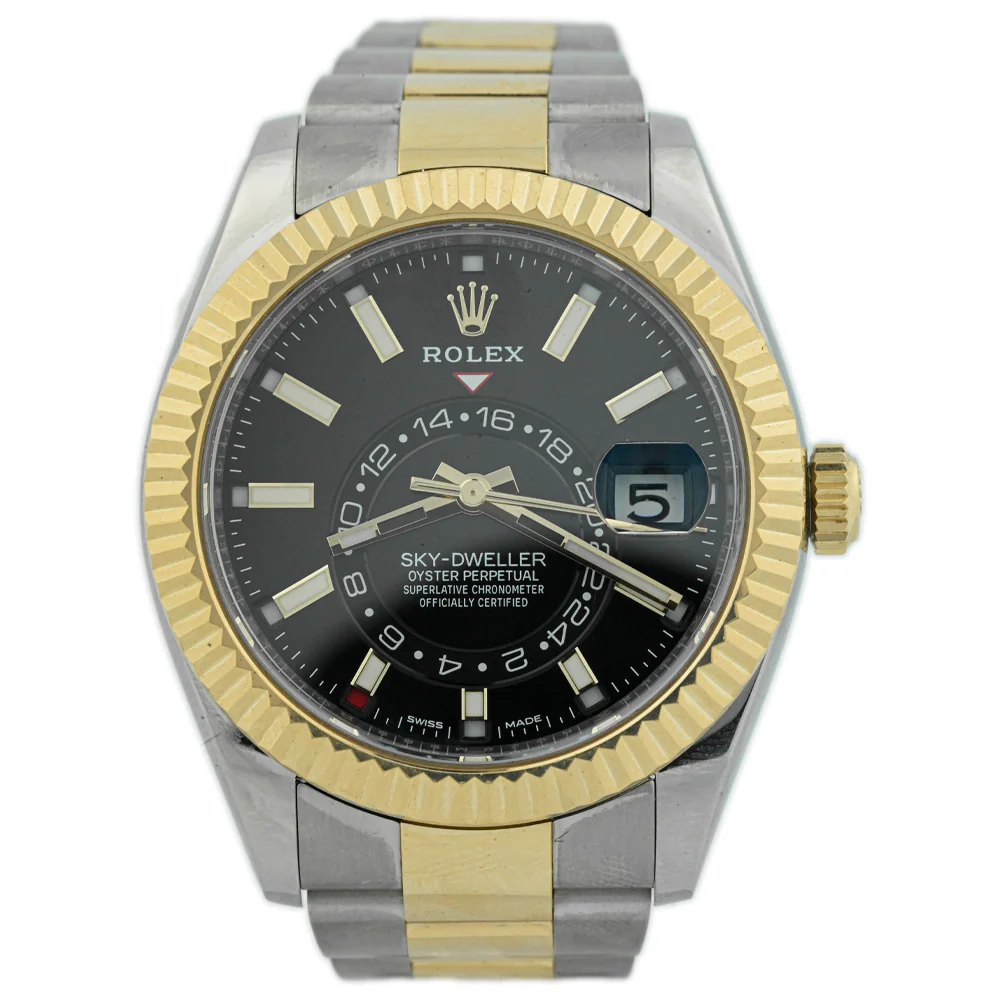 Rolex Men's Sky-Dweller 18K Yellow Gold & Steel 42mm Black Stick Dial Watch Reference# 326933