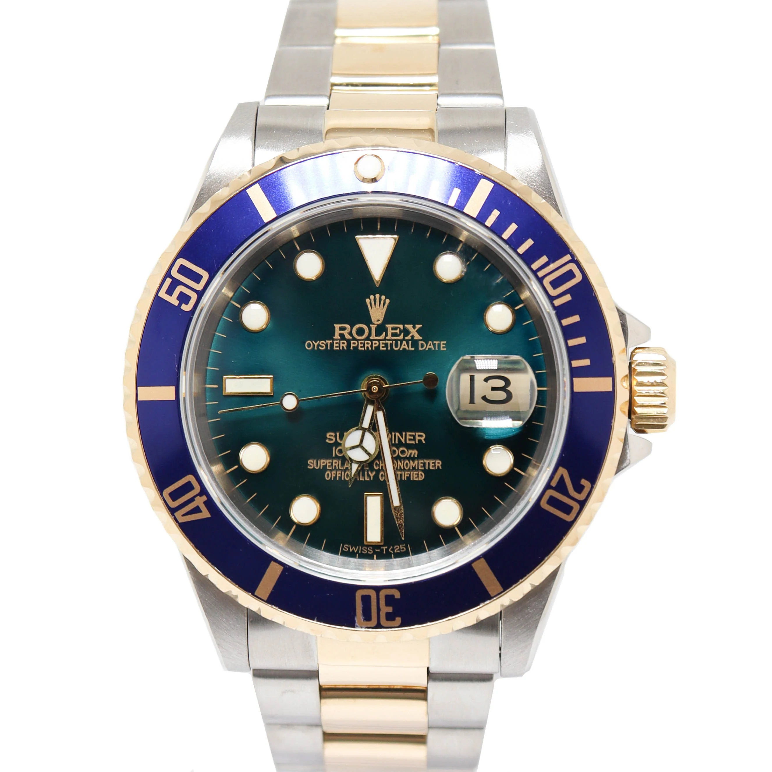 Rolex Men's Submariner Date Yellow Gold & Stainless Steel 40m Custom Dark Teal Dot Dial Watch Reference# 16613