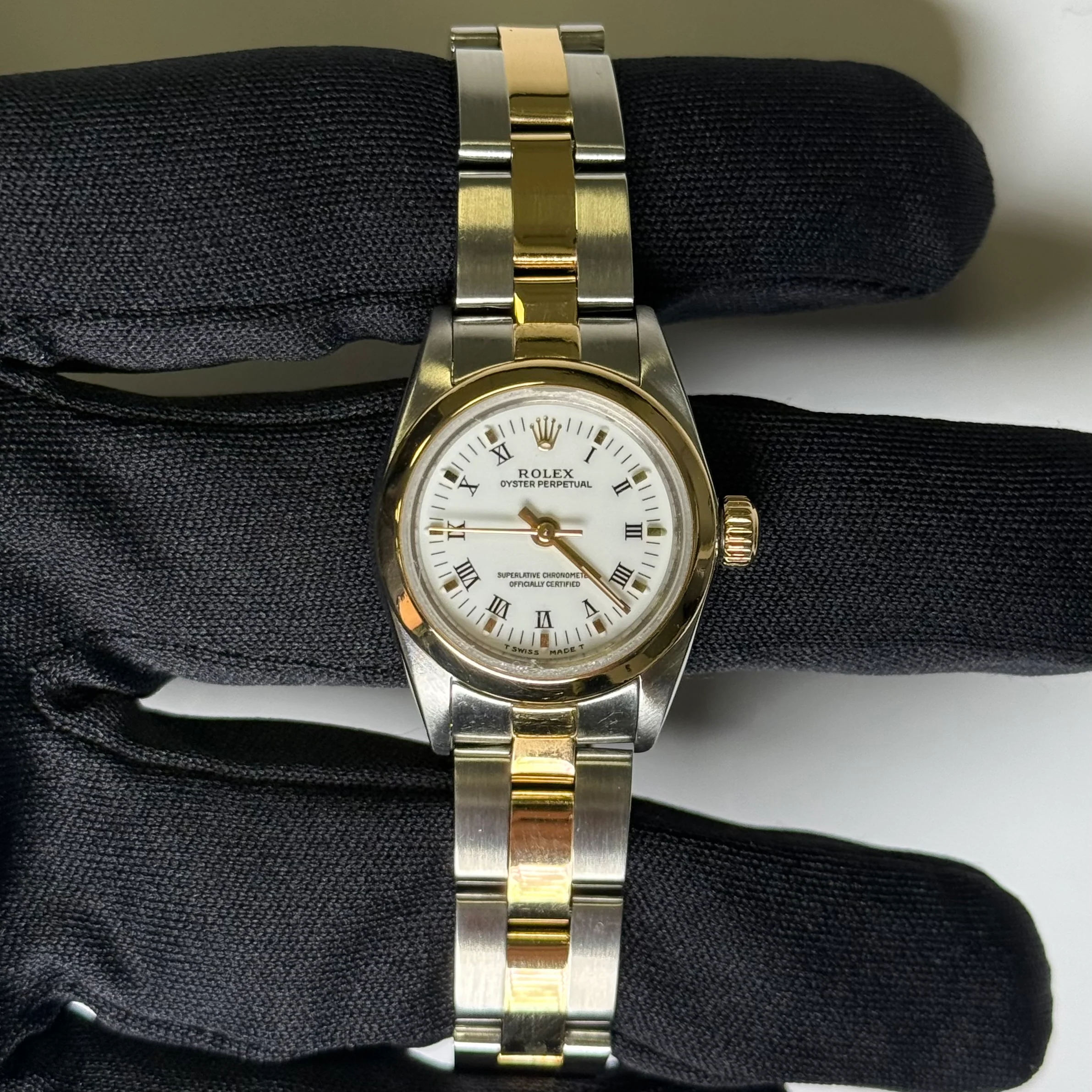 Rolex Oyster Perpetual 24mm Yellow Gold & Stainless Steel White Roman Dial Watch Reference# 67183 - Image 2