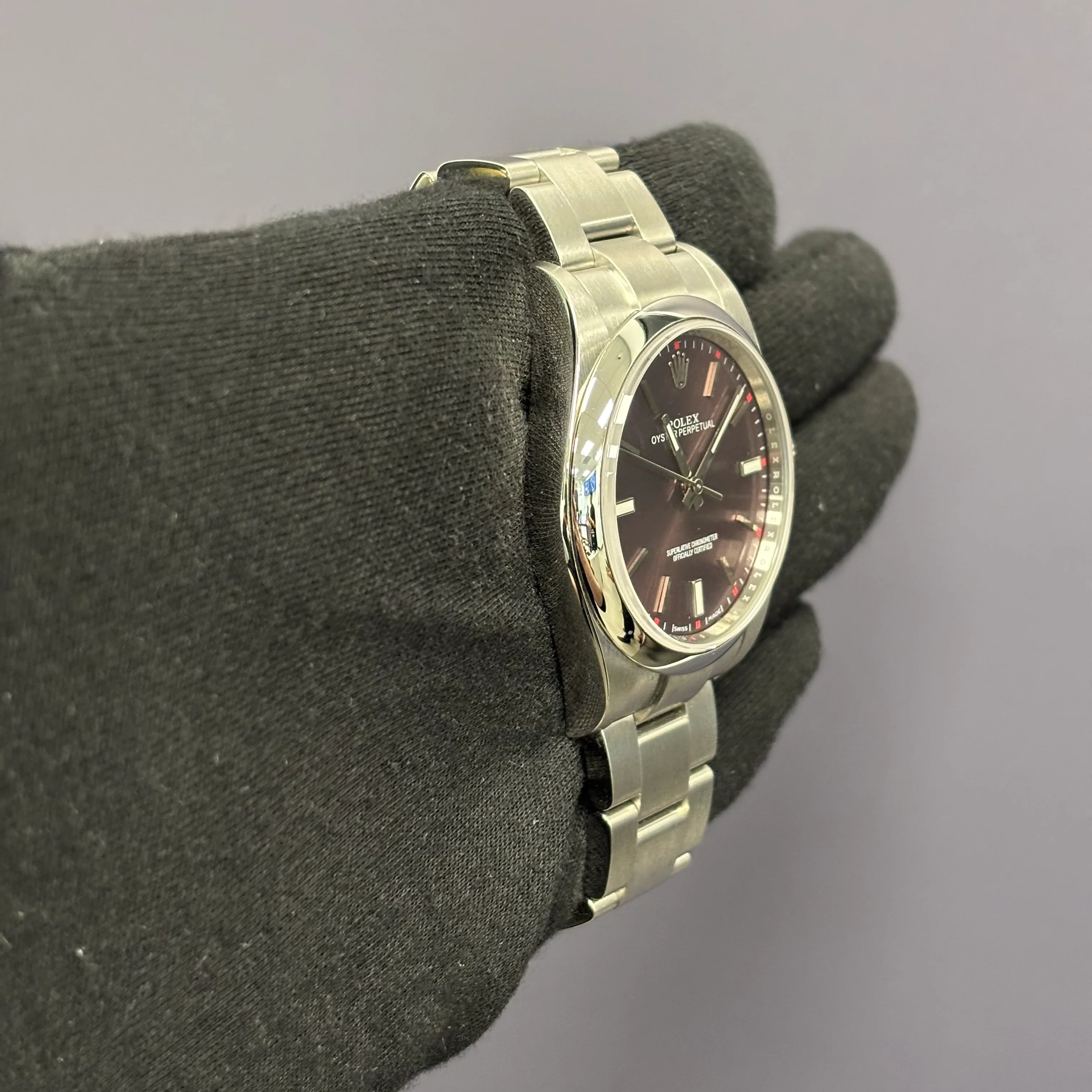 Rolex Oyster Perpetual 39mm Red Grape Dial Watch Ref# 114300 - Image 3