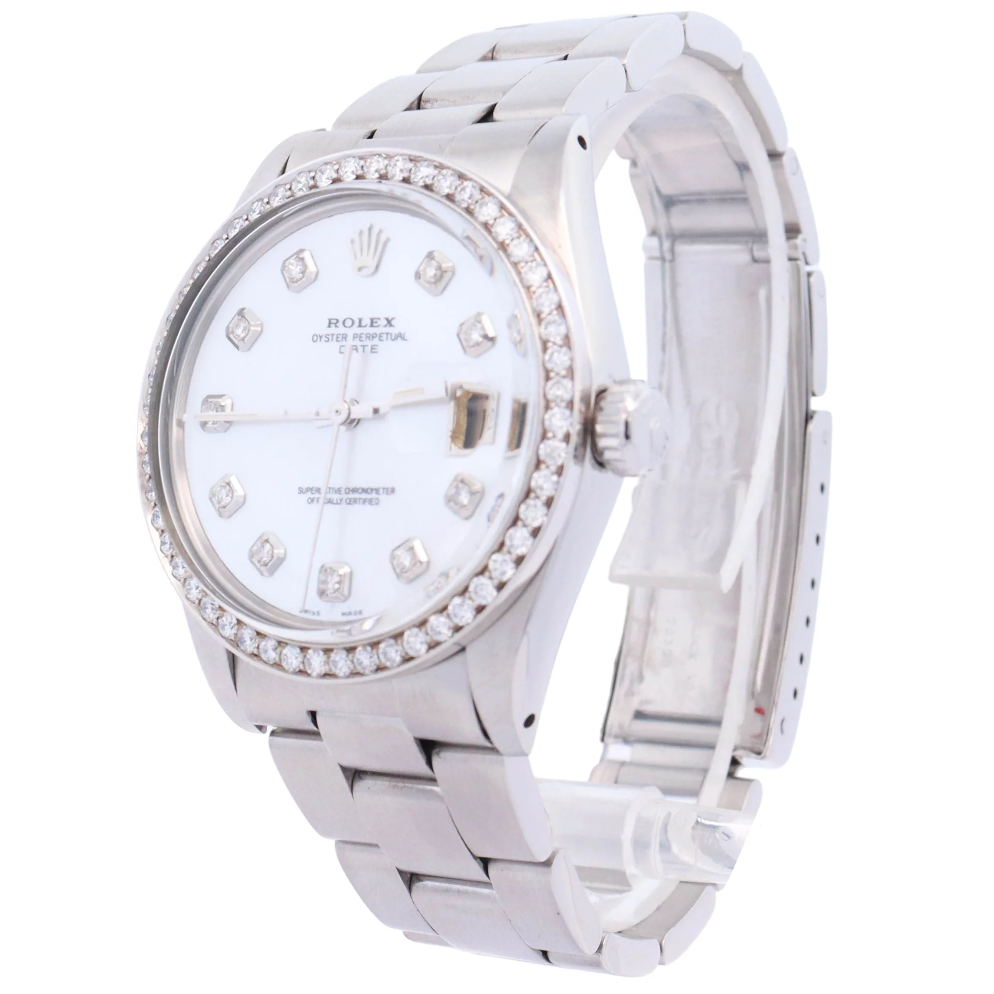 Rolex Oyster Perpetual Date 34mm Stainless Steel Custom White MOP Diamond Dial Watch Reference# 1501 - Image 2