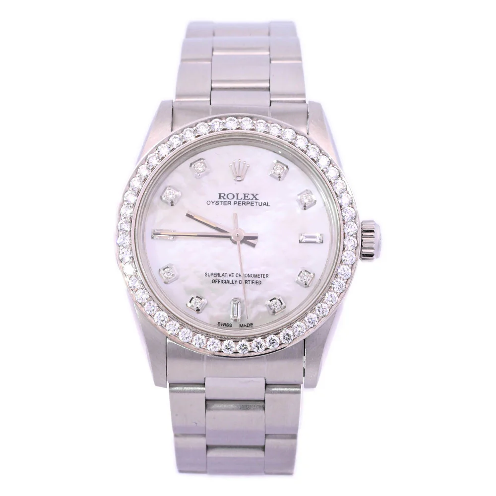 Rolex Oyster Perpetual Stainless Steel 31mm Custom White MOP Diamond Dial Watch Reference #: 67480