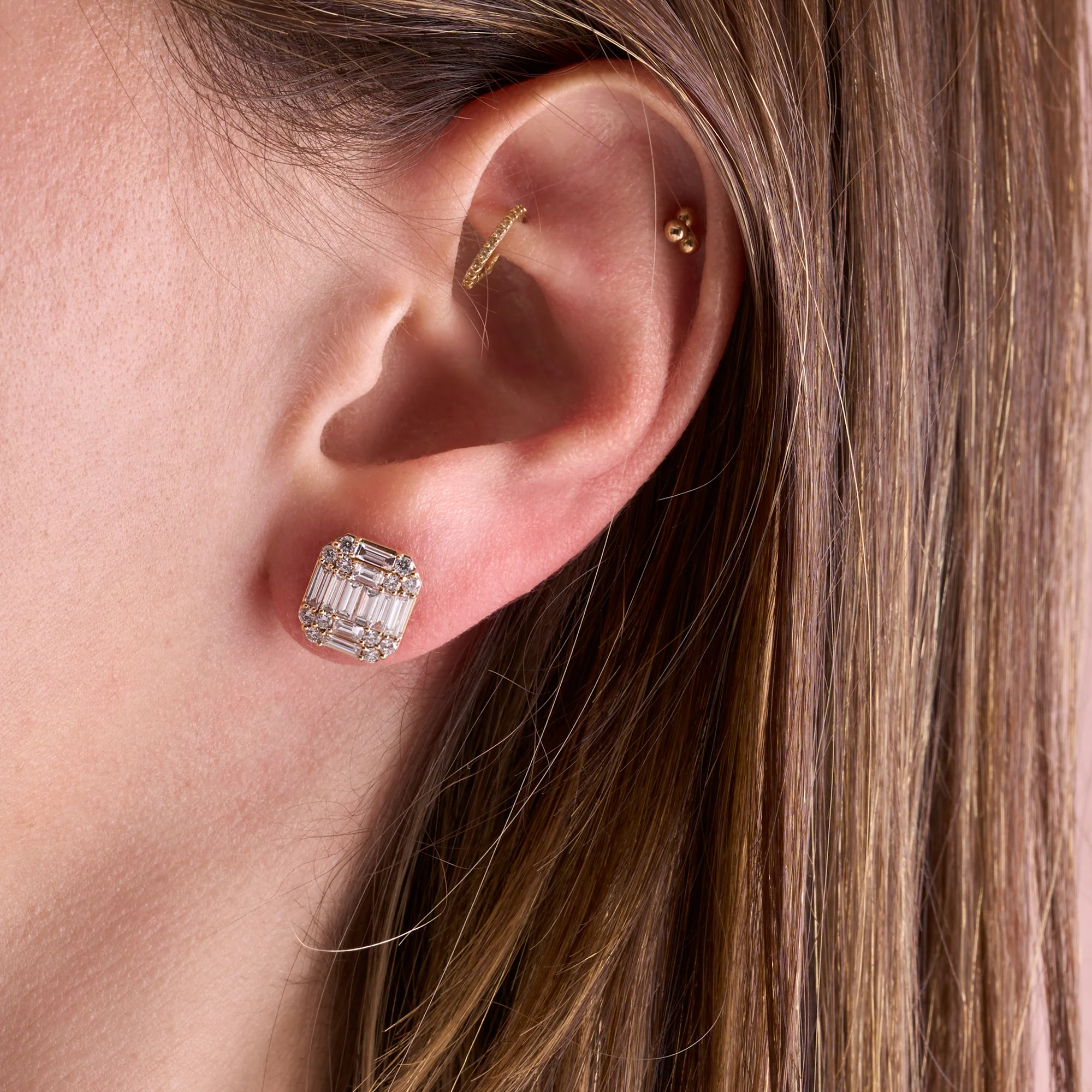 Round and Baguette Stud Earrings